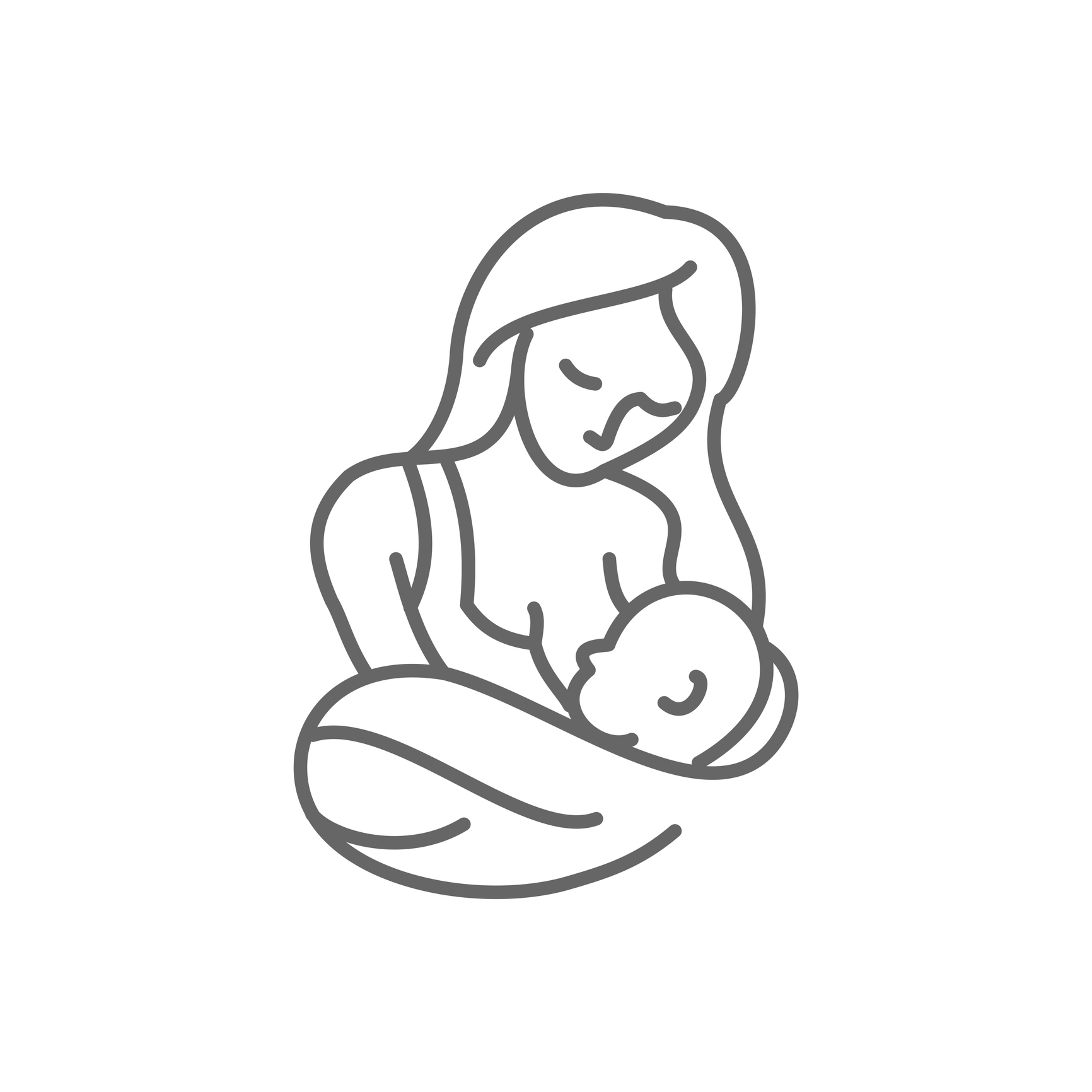 Hand-drawn line illustration of a mother breastfeeding her baby