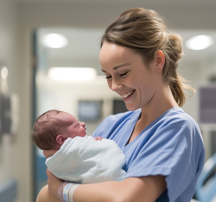 Lactation consultant smiling while holding a newborn baby